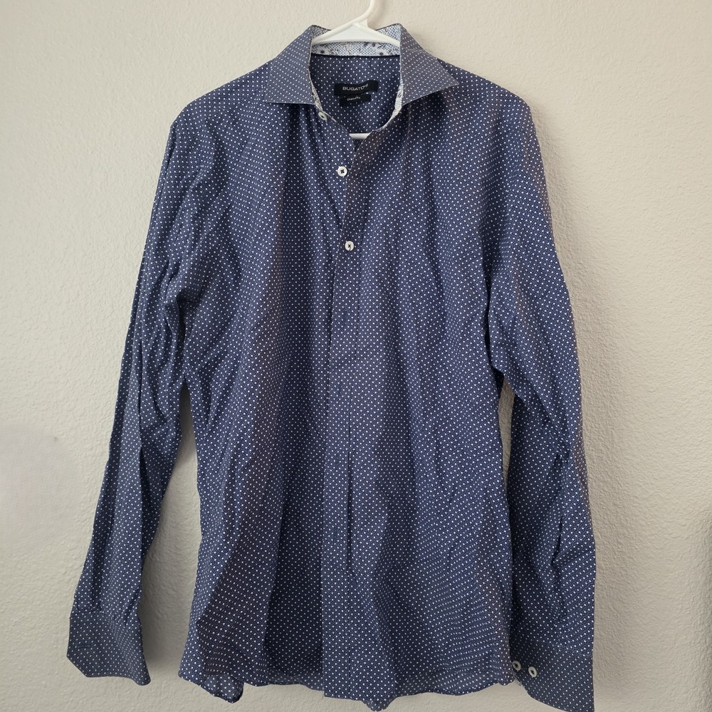 Bugatchi Shirt Men's Medium Blue White Polka Dot Shaped Fit Performance Stretch